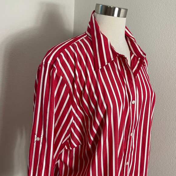 NEW Chaps Womens Plus 2X Red White Striped Button Up Shirt 2X Roll Tab Sleeve - Picture 2 of 8